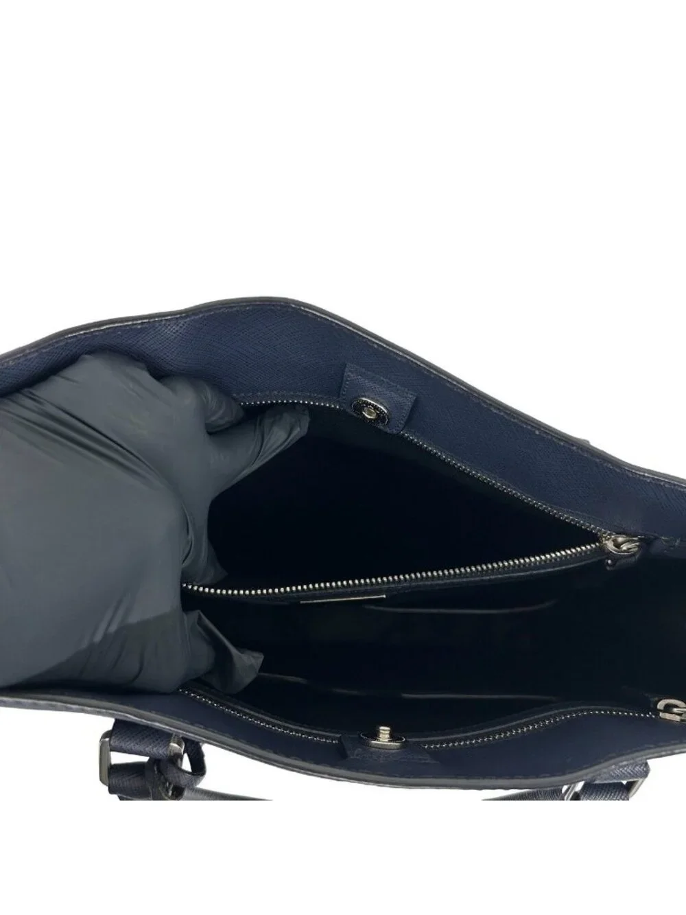 Prada Triangle Logo Saffiano Leather 2-Way Tote Shoulder Bag Navy